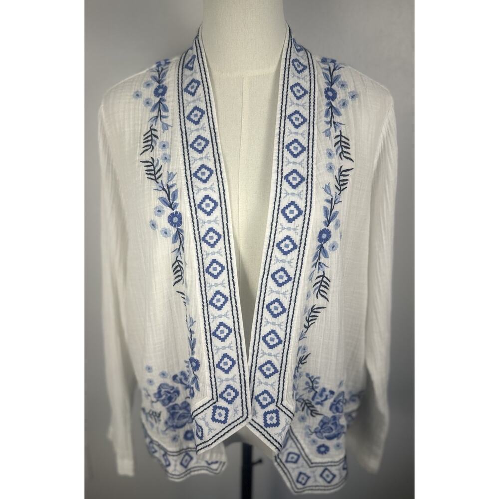 J JILL Gauzy White Open Front Cardigan Blue Embroidery S Floral  Boho Beachy